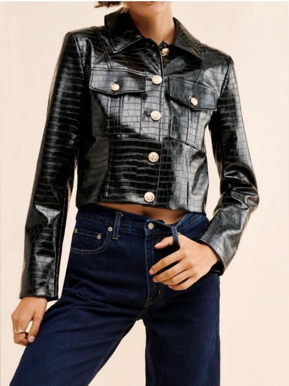 Avec Les Filles Vegan Leather Croc Lady Black Gold Button Up Jacket Size Medium